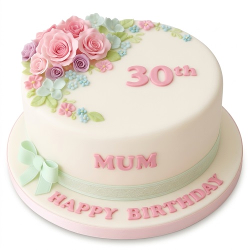 Round white birthday cake with pink, blue, and purple sugar flowers, a light green ribbon, and custom age topper.
