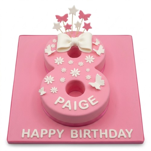Pink number shaped birthday cake with white butterflies, flowers, stars, and a white bow, for a custom age.