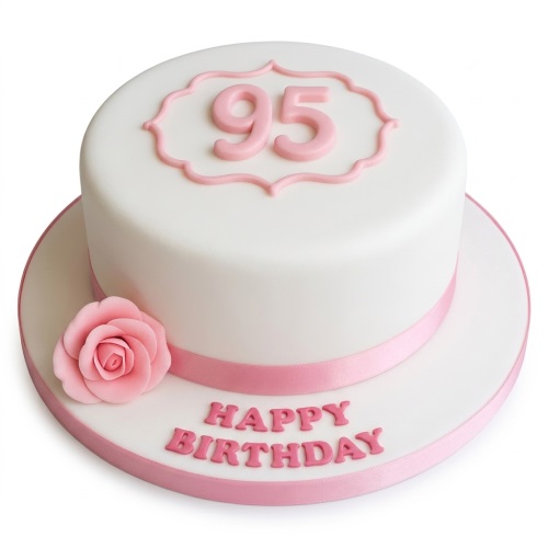 White round birthday cake with pink ribbon, sugar rose, and custom age topper.