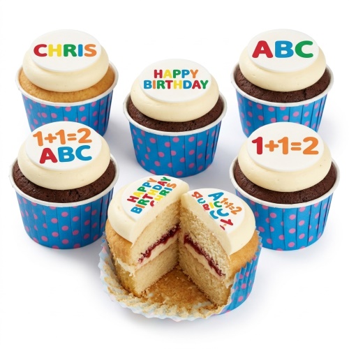 Kids birthday cupcakes with ABC, 1+1=2, Happy Birthday, and name toppers in bright colours.