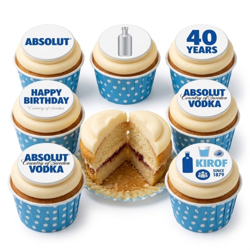Vodka themed birthday cupcakes with Absolut branding, bottle, and custom age topper.