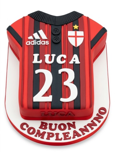 Red and black striped football jersey birthday cake with custom name and age.