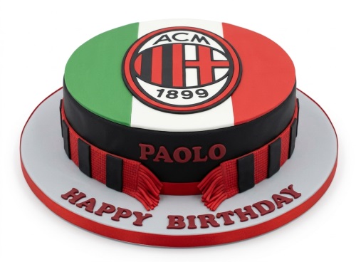 Round AC Milan football birthday cake with club logo, Italian flag colours, and red and black scarf.
