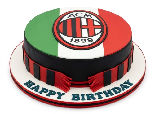 Round AC Milan football birthday cake with club crest and scarf design.