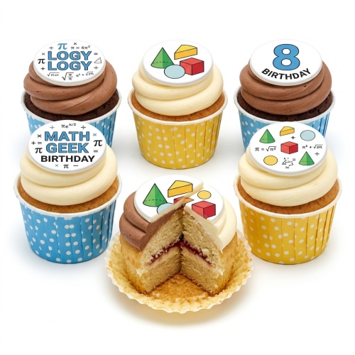 Assorted cupcakes with math and geometry themed edible toppers, including a custom age birthday topper.