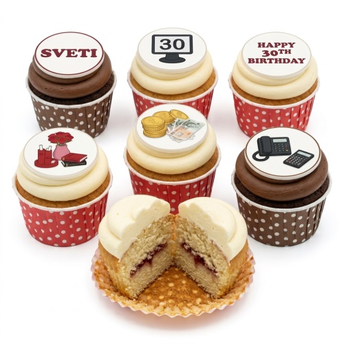 Assortment of adult birthday cupcakes with customisable toppers featuring office, money, flowers, and books.