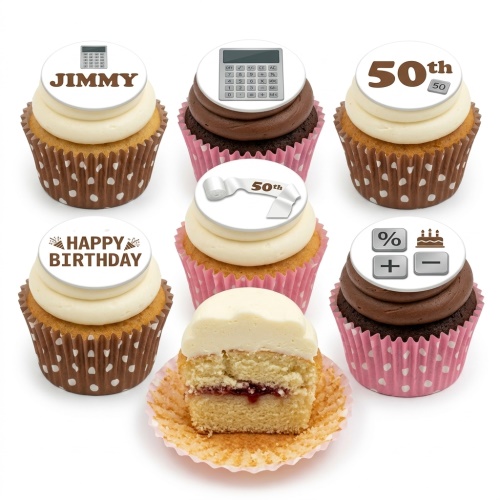 Assorted cupcakes with white and chocolate frosting, featuring edible toppers with calculator designs, "Happy Birthday" message, and an example age.