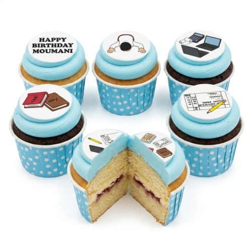 A set of six cupcakes with light blue frosting and office-themed edible toppers, including tax books, a calculator, and a laptop.