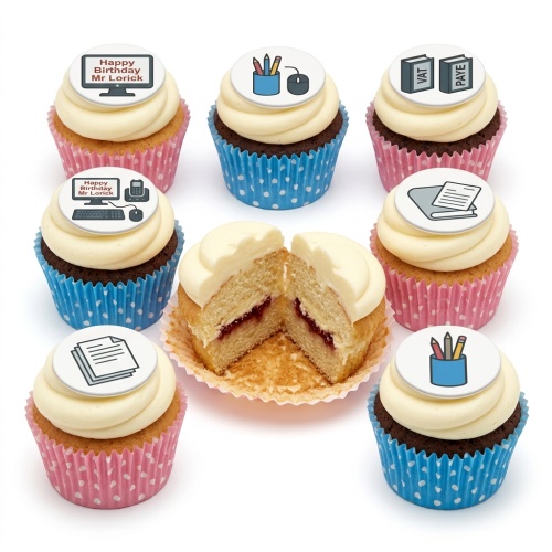 Birthday cupcakes with office theme toppers, including computer, stationery, VAT, PAYE, and documents.