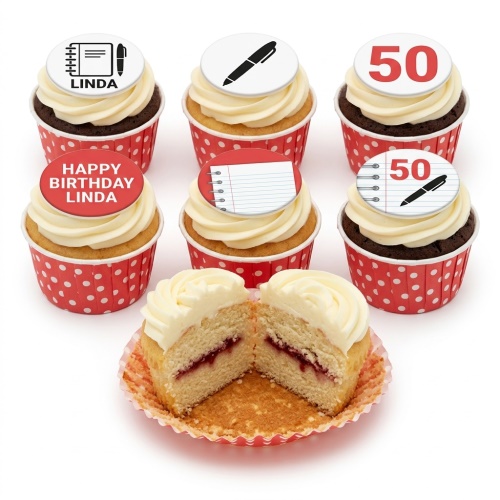 Cupcakes with white icing, red polka dot wrappers, and edible toppers featuring pens, notebooks, and a custom age.