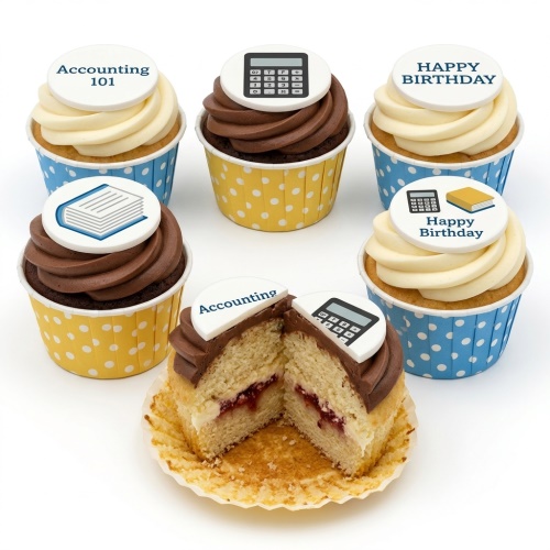 Cupcakes with accounting theme toppers, including calculators and books, with vanilla and chocolate frosting.