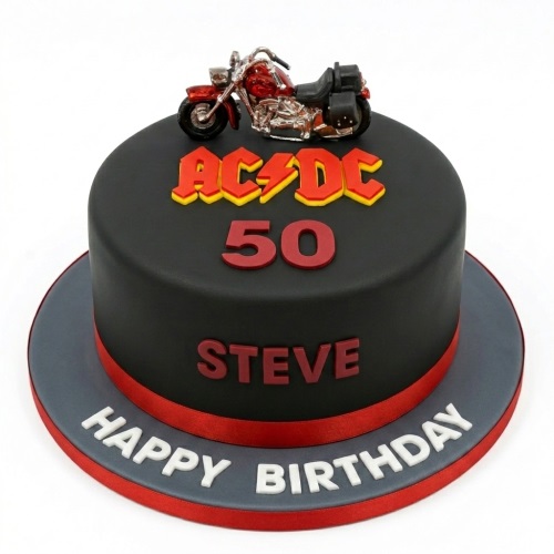 Black round cake with red AC/DC logo, motorcycle topper, and custom age for a birthday.
