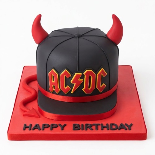 3D AC/DC rock band birthday cake shaped like a black cap with red devil horns and tail on a red board.