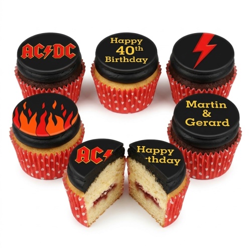 ACDC rock theme birthday cupcakes with flames, lightning bolt, and custom age toppers.