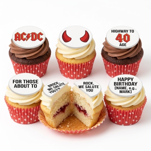 Six AC/DC themed birthday cupcakes with chocolate and vanilla frosting, red polka dot cases, and custom age and message toppers.