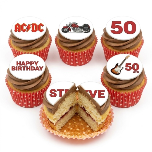 Six cupcakes with chocolate frosting and red polka dot wrappers. Toppers feature AC/DC logo, a motorcycle, an electric guitar, a 'Happy Birthday' message, and a custom age number.