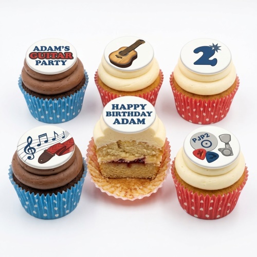 Assortment of guitar and music themed birthday cupcakes with chocolate and vanilla icing, some with custom age and message toppers.