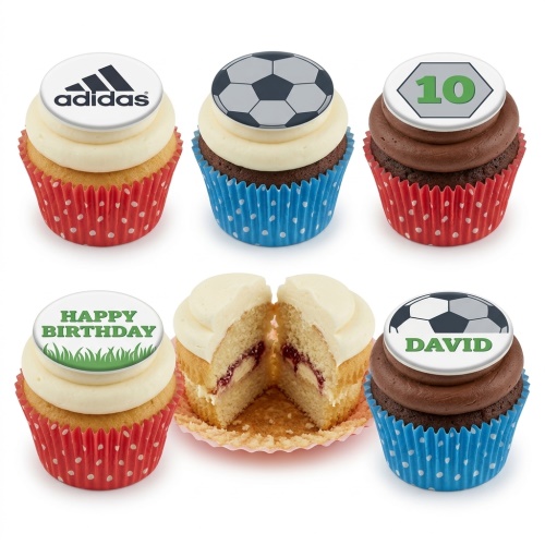 Assortment of football themed cupcakes with custom age, name, and "Happy Birthday" toppers