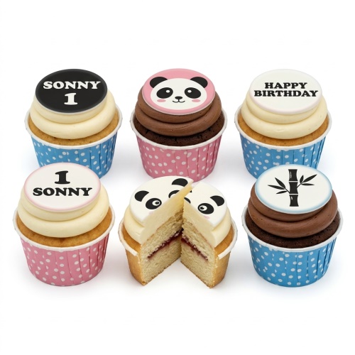 Six panda themed cupcakes with vanilla and chocolate frosting, some with custom name and age toppers, and bamboo designs.