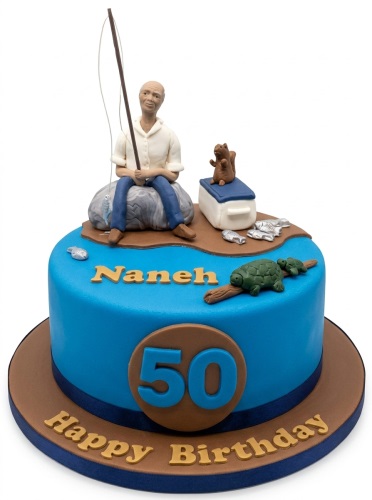 Blue round birthday cake with a fishing theme, featuring a fisherman, squirrel, turtles, and fish. Includes a custom age topper.