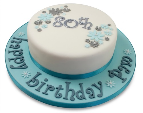 Round white fondant birthday cake with light blue and grey sugar flowers, a silver custom age topper, and a personalised message on the blue cake board.