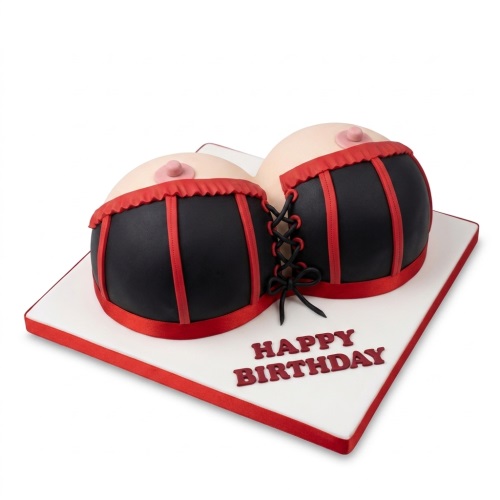 Novelty boob-shaped birthday cake with black and red corset design and 'Happy Birthday' message.