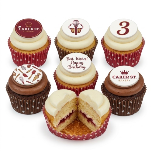 Vanilla and chocolate cupcakes with white and brown frosting, decorated with baking tool toppers and a custom age number.