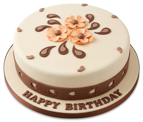 Elegant round birthday cake with cream fondant, peach sugar flowers, and brown decorations.