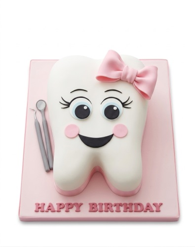 White tooth-shaped cake with a smiling face, pink bow, and two dental tools on a pink board with "Happy Birthday" message.