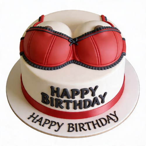 White round birthday cake with a red bra design and black 'Happy Birthday' message.