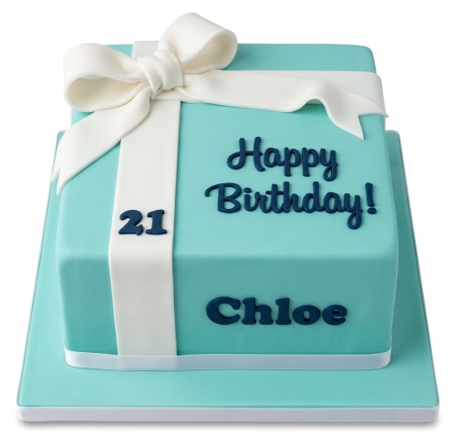 Tiffany-blue gift box birthday cake with white bow and 'Happy Birthday!' message