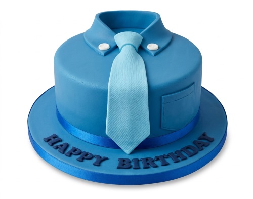 Round blue cake decorated as a man's shirt with a light blue tie, white buttons, and a pocket, on a blue cake board with a blue ribbon and 'Happy Birthday' message.