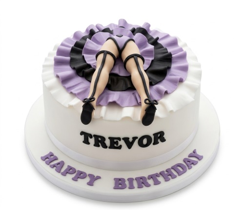 White round novelty cake with edible female legs in black stockings and a purple ruffled skirt, with a custom message.
