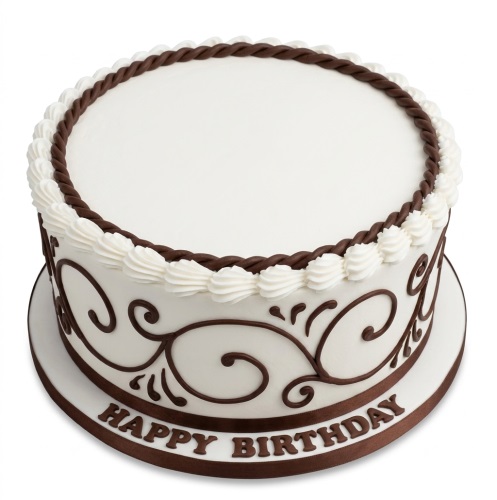 Round white birthday cake with dark brown scrollwork, twisted border, and 'Happy Birthday' message.