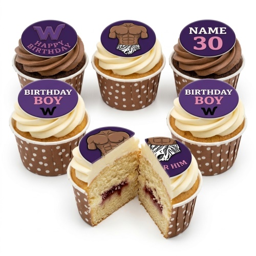 Six cupcakes with purple and white toppers. Toppers feature a muscular male torso, "Happy Birthday W", and "Birthday Boy W" text.