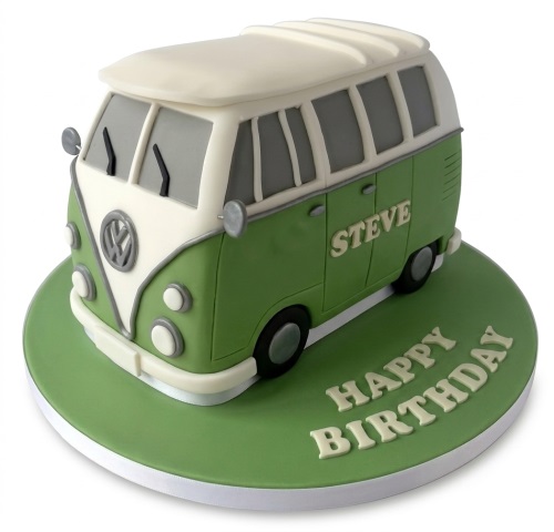 3D green and white Campervan birthday cake with personalised name and "Happy Birthday" message.