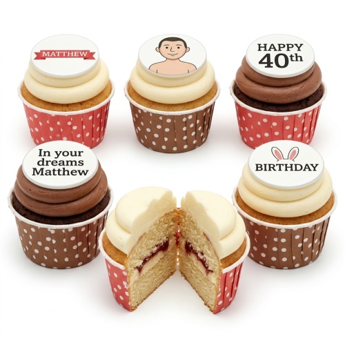 Assortment of personalised birthday cupcakes with custom photo, name, and age toppers.