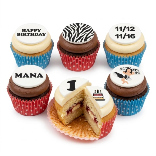 Assorted birthday cupcakes with custom name, age, message, zebra print, and woman posing toppers.