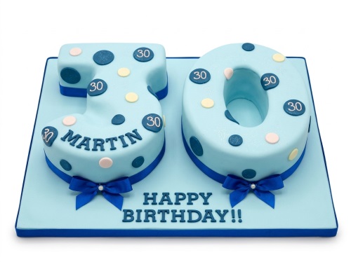 Light blue number cake with dark blue polka dots, custom age toppers, and blue ribbon bows.