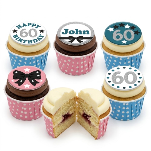 Assortment of birthday cupcakes with custom age and name toppers, featuring bows, stars, and glitter designs.