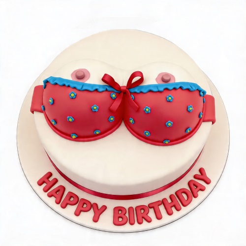Round white birthday cake with a red bra design and 'Happy Birthday' message.