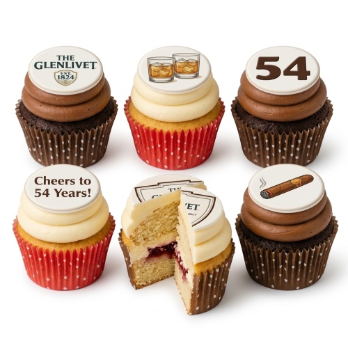 Set of six cupcakes with whiskey glasses, cigar, and custom age toppers.