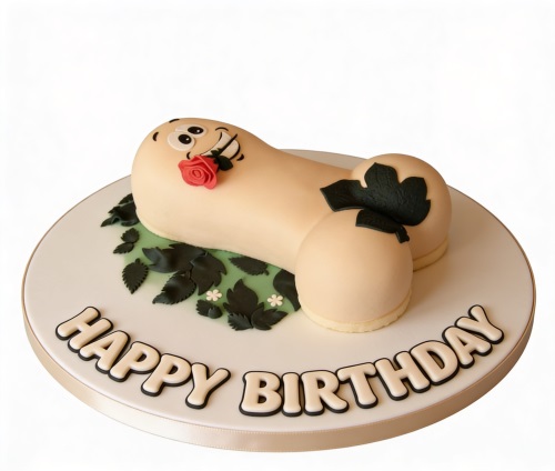 Novelty phallic shaped cake with a smiling face and red rose detail, on a white cake board with green leaves and 'Happy Birthday' message.