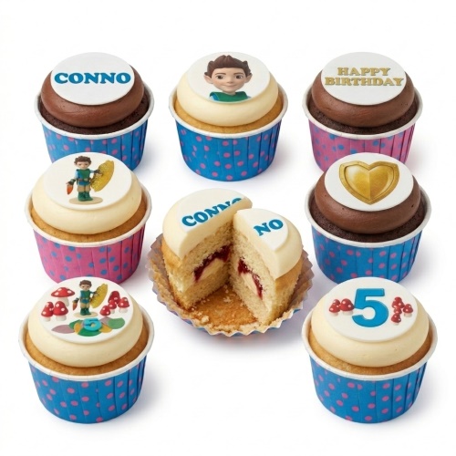 Cupcakes with adventure theme, cartoon boy, mushrooms, golden shield, and custom age number.
