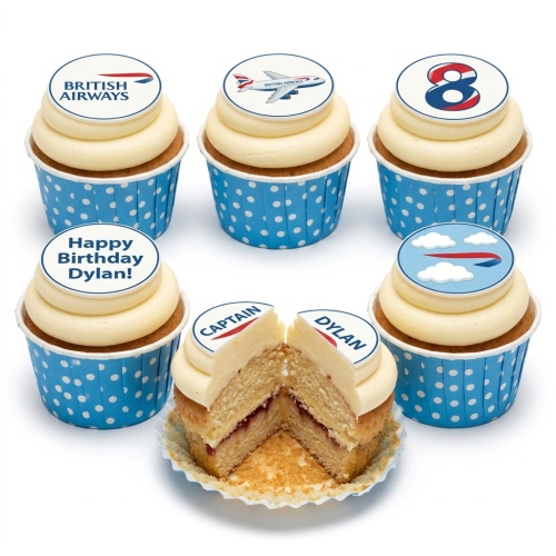 Set of aeroplane themed birthday cupcakes with British Airways style designs and custom age topper.