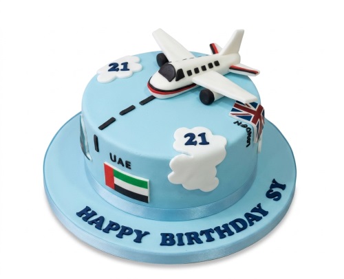 Light blue round cake with a white airplane topper, clouds, UAE and Union Jack flags, and 'Happy Birthday' text.