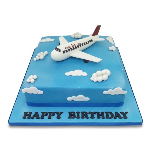 Blue rectangular birthday cake with a white airplane topper and white fondant clouds.
