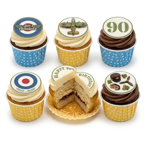 Aviation theme cupcakes with pilot hat, aeroplane, and custom age toppers.