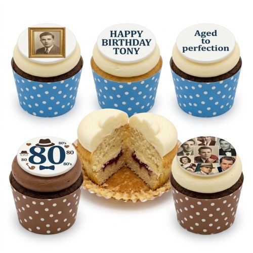 Chocolate and vanilla cupcakes with white frosting, featuring custom photo, personalised message, and custom age toppers in blue and brown polka dot wrappers.