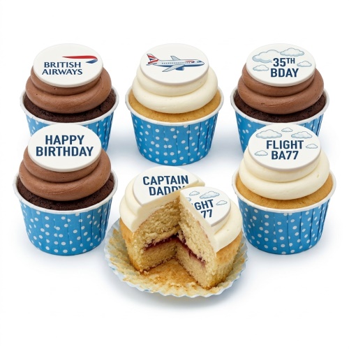 British Airways themed cupcakes with aeroplane and custom message toppers, ideal for a birthday celebration.